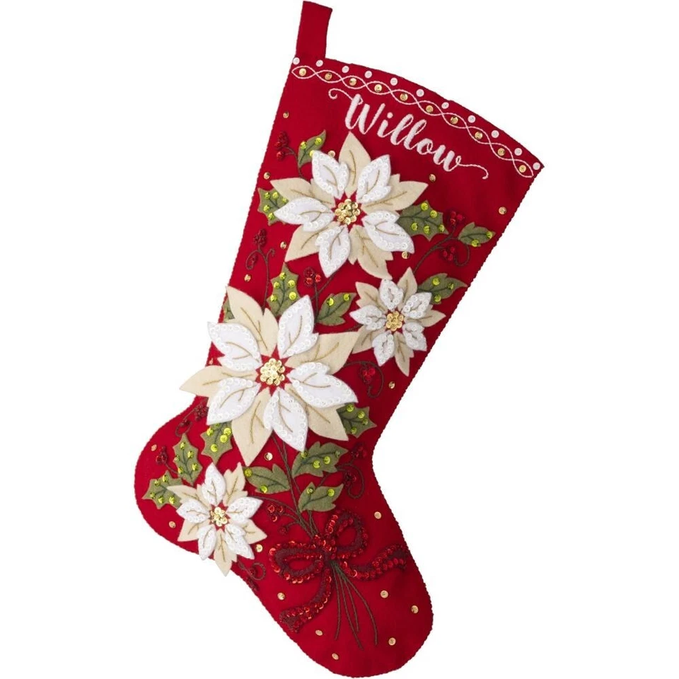 Bucilla Felt Applique Christmas Stocking Kit POSH POINSETTIAS 18 inch