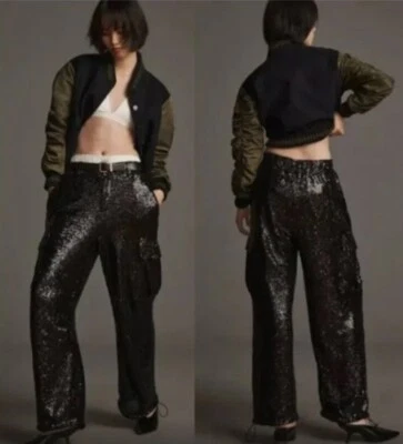 by ANTHROPOLOGIE BLACK SEQUIN CARGO PANTS 16 XL Party Holiday  - Image 1 of 4