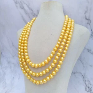 54" Vibrant Natural Baroque 7-9mm Yellow South Sea Pearl Necklace 14k Gold P - Picture 1 of 4
