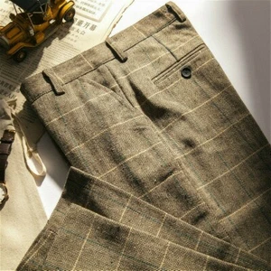 Pantalone uomo tweed spina di pesce retrò inglese check misto lana pantalone dritto slim - Foto 1 di 14