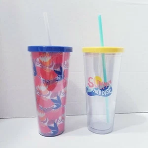 Set of 2 SUN SQUAD 24 OZ PLASTIC SUMMER PARADISE PRINT TUMBLER W/ LID & STRAW - Bild 1 von 5