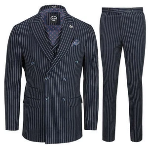 Mens Navy 3 Piece Double Breasted Chalk Stripe Suit Classic Vintage Tailored Fit - Picture 1 of 10