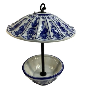 Vintage Blue White Delft Style Ceramic Hanging Bird Feeder Floral - Picture 1 of 7