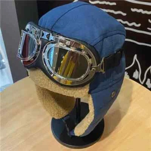 Vintage Style Quilted Aviator Earflap Hat w/ Goggles - Adult Unisex in Blue - Picture 1 of 5