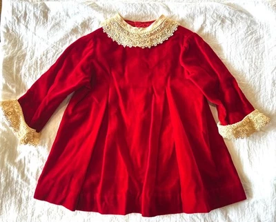 Vestido Vintage Terciopelo Rojo Infantil/Bebé Crema Encaje Cuello y Puños Navidad Foto 1 de 4