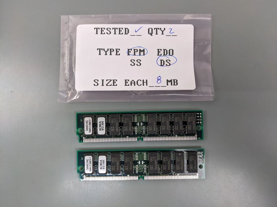 (2) Samsung 8MB FPM SIMMs, 72-pin RAM Memory Sticks (16MB Total) KMM5322000CV-7 - Image 1 of 3