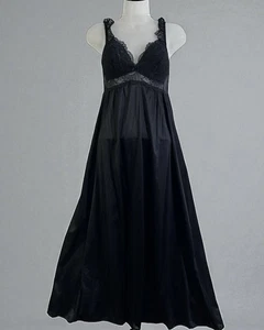 RARE Vintage 80s Scassi Large Black Lace Long Maxi Nightgown Nylon Padded Bust - Picture 1 of 15