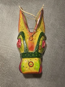 Handmade Wooden Donkey Mask Yellow Red Green Painted Guatemala FolkArt 11” READ - Afbeelding 1 van 6