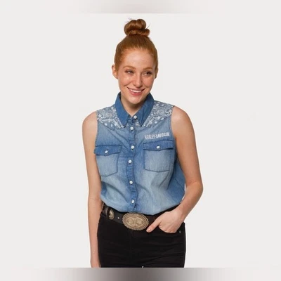 Harley Davidson Paisley Denim Cut Off Shirt Size Small  NWT Foto 1 de 4