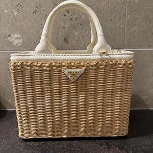 PRADA Raffia Basket Bag Woven Straw Handbag Tote Natural Beige Logo Charm brand - Picture 1 of 12