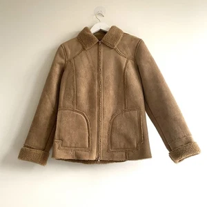 John F. Gee Shearling Faux Suede Jacket Camel Brown Size XS 34 UK 8 Sherpa Lined - Picture 1 of 14