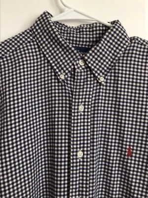 RALPH LAUREN-Talla L-Camisa Calce Clásico-Botón-Azul Marino/Blanco-Pequeño Cuadros-Long Slv. Foto 1 de 4