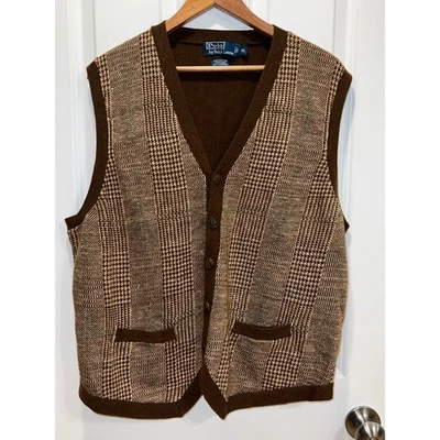 Polo Ralph Lauren Men's Brown Plaid Cashmere Blend V-Neck Button Vest Sweater XL - Image 1 of 4