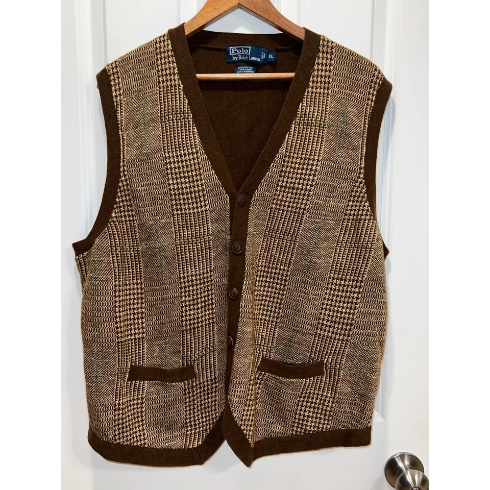 Polo Ralph Lauren Men's Brown Plaid Cashmere Blend V-Neck Button Vest Sweater XL - Image 1 of 4