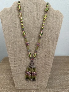 Pink Green Glass Bead Tassel Necklace Silver Tone Accents Floral Beads - Picture 1 of 5