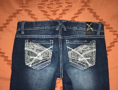 Amethyst Silver Stitch Dark Wash Whiskered Distressed Skinny Jeans 9 33X29 - Image 1 of 4