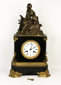 Antique French Figural Ormolu Bronze Finish Metal Black Onyx Mantel Clock - Picture 1 of 10