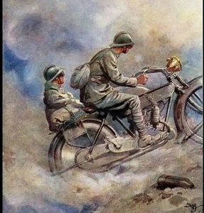 DRUCK 1918 MOTORRAD BEIWAGEN BRUDER INDIANER ARMEE WW1 ACHILLE BELTRAME UNIFORM KUNST - Bild 1 von 1
