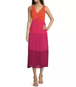 NWT Taylor Pleated Colorblock Maxi Dress V-Neck Sleeveless Pink Orange Size 2 - Picture 1 of 2