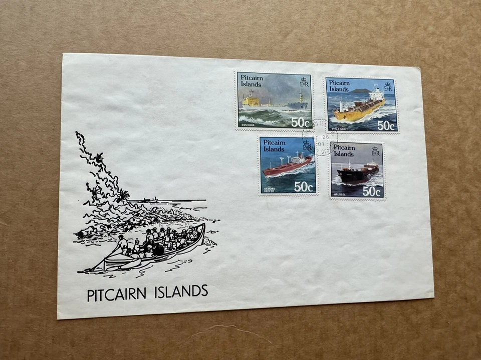 Pitcairn Islands 1987 Event Cover (70) Ships Serving Islands=4 Stps +Boating Cac - Image 1 of 1