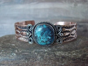 Navajo Indian Copper & Turquoise Cuff Bracelet by Cleveland - Picture 1 of 4