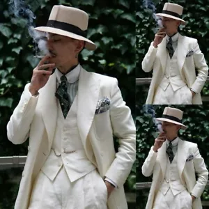 Linen Men's Suits 3Pieces Vintage Summer Beach Ivory Blazer Cuffed Pants Evening - Picture 1 of 9