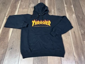 Thrasher Hoodie Mens Medium Black Hooded Sweatshirt Spell Out Chest SkateSkater - Picture 1 of 12