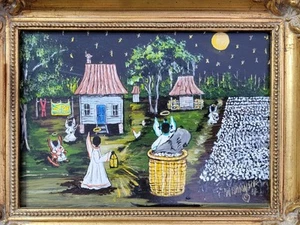 Mary Barwick Primitive Painting Picking Cotton Rocking Baby Alabama Folk Art - Picture 1 of 17