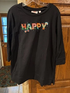 Quacker Factory Sommer Sprüche schwarz "Happy" 3/4 Arm Top Größe Large QVC - Bild 1 von 4