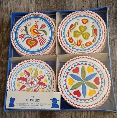 Sealed Box of 48 Vintage Pennsylvania Dutch Style PAPER COASTERS Garden Spot - Image 1 of 3