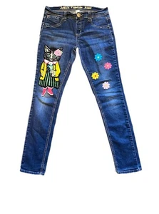 Unique Justice Girls Sz 14 1/2 Embroirdered Patch Cat  Floral Jeans Boho - Picture 1 of 12