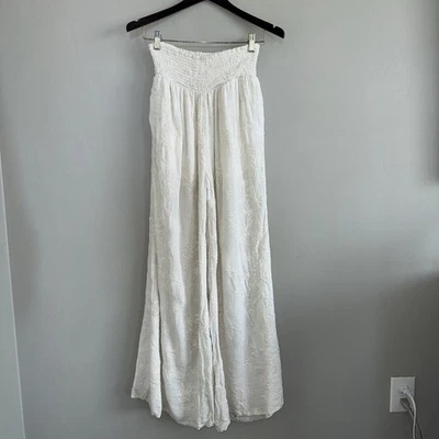 Vintage GUESS Smocked Waist Wide Leg Palazzo Pants Ivory Embroidered Boho Sz S - Image 1 of 4