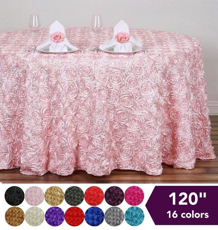 120" ROUND Satin Ribbon Rosette TABLECLOTH - Designer Wedding Party Linens SALE - Image 1 of 3