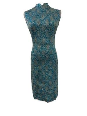 Vtg 60s Teal Gold Brocade Wiggle Dress Mandarin Collar Key Hole Back 27” Waist  - Image 1 of 4