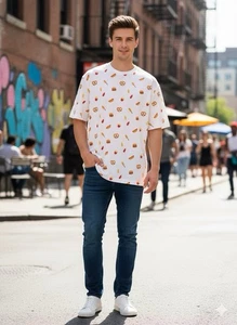 Camiseta blanca Celebrate It XL con estampado gastronómico para perros calientes papas fritas pretzels - Imagen 1 de 6