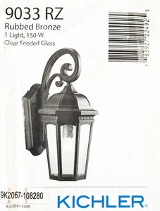 Kichler Courtyard Oil Rubbed Bronze Light Wall Sconce Clear Seeded Glass 9033RZ - Picture 1 of 1