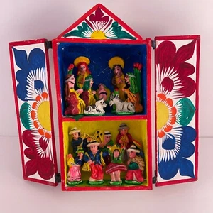 Wooden Retablo Nativity Double Scene Peruvian Village Hand Painted Diorama - Picture 1 of 12