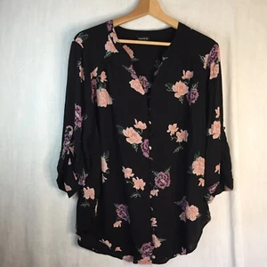 Black w Pink Purple Flowers Button Front Shirt Torrid 2 100% Rayon - Picture 1 of 9