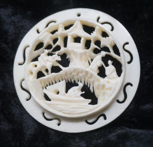 Vintage Asian Hand Carved Bovine Bone Chinese Pendant Pagoda Horse Round - Picture 1 of 6