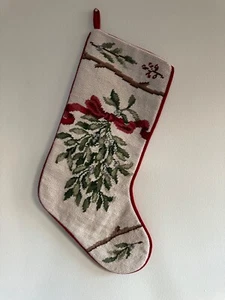 Vtg Needlepoint Christmas Stocking Boughs Holly Wool Handmade Lined NEW Ribbon - Picture 1 of 4