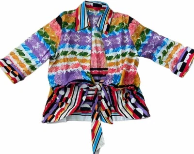 Top Mishca Neiman Marcus Mujer Colorido Manga Larga Estampado Abstracto Corbata Frontal L Foto 1 de 4