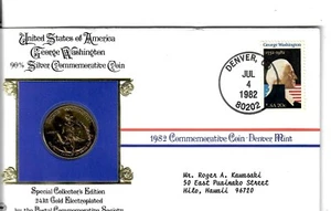1982 D GEORGE WASHINGTON COMMEMORATIVE SILVER HALF COIN 24 KT GOLD ELECTROPLATED - Picture 1 of 3