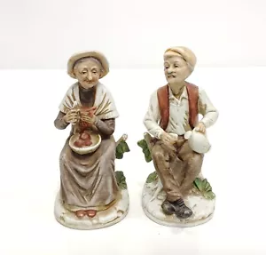Vintage Bisque Porcelain Figurines Old Man w/Pitcher and Woman Preparing Food - Picture 1 of 5
