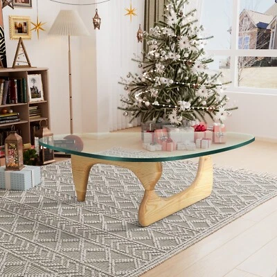 Classic Style Glass Coffee Table Side Table 19mm Thick Triangle Glass Wood Base - Image 1 of 4