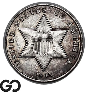 1862 Three Cent Silver Piece, Civil War Date Issue, Choice BU++, Sharp - Picture 1 of 3