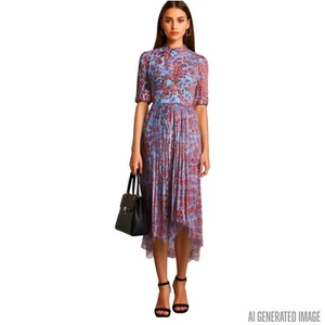 Whistles Blue Jungle Cat Pleated Dress Animal Leopard Print Midi Statement Sz 10 - Picture 1 of 10