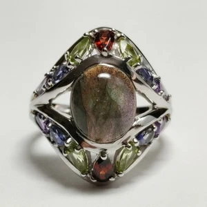 Labradorite Oval Cabochon Multi Gemstone 925 Silver WW Stamped Ring Size 10 - Picture 1 of 12