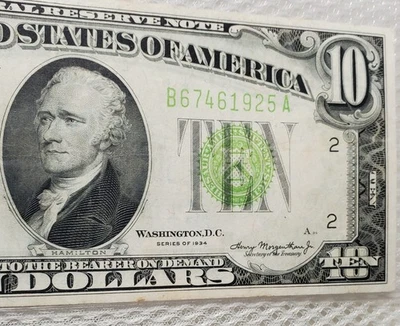 1934 $10 LGS Light Lime Green Seal Federal Reserve Note New York *Border Tear - Image 1 of 4