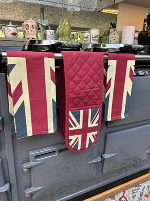 GARDEN STALL Union Jack Tea Towel & Double Oven Glove Set UK Flag Kitchen 100% Cotton Gift