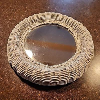 Espejo de mimbre vintage 10" blanco redondo colgante de pared Cottagecore French Country Foto 1 de 2